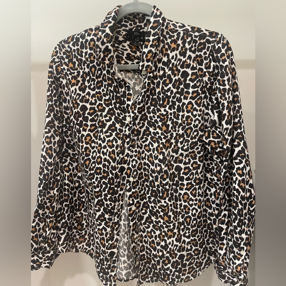 J Crew animal print button down linen/cotton shirt . Sz L slim